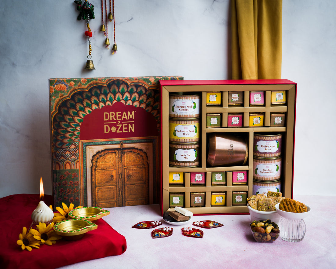 Corporate Diwali Gift Hamper - Box of Royal Treats - taken from a straight angle, featuring desi-fusion cookies inspired by age-old traditional Indian sweets like Besan laddoos