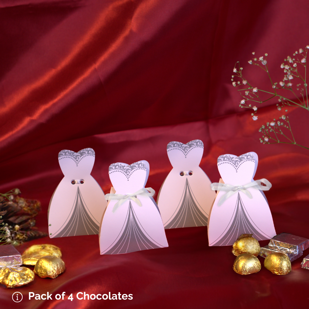 Stylish bridal dress-themed chocolate gift boxes – a perfect wedding or bridal shower favor, featuring a pack of 4 premium chocolates.