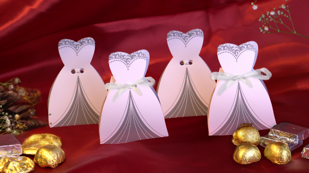 Stylish bridal dress-themed chocolate gift boxes – a perfect wedding or bridal shower favor, featuring a pack of 4 premium chocolates.