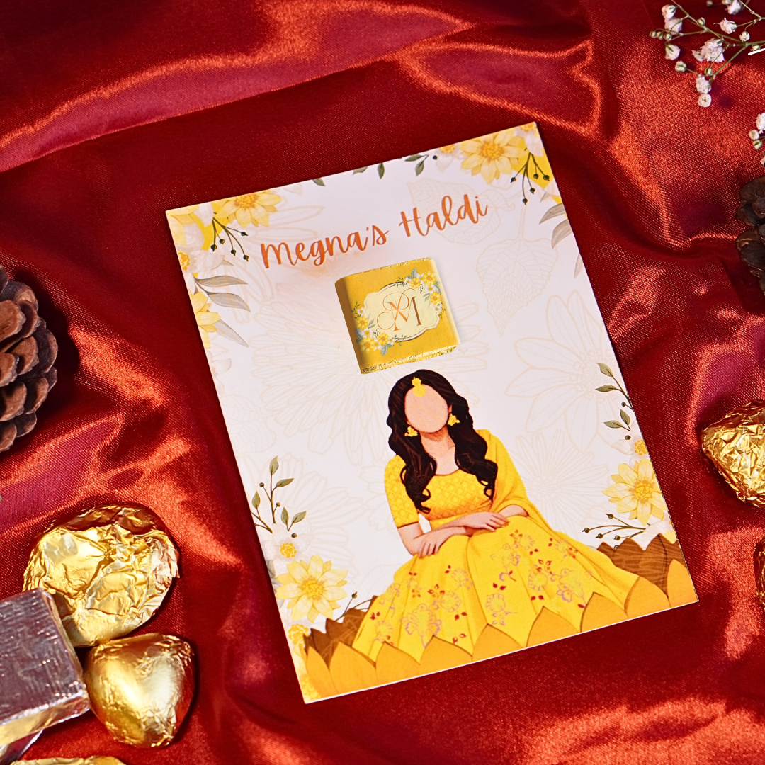 Personalised haldi gifts, customised chocolate with stickers