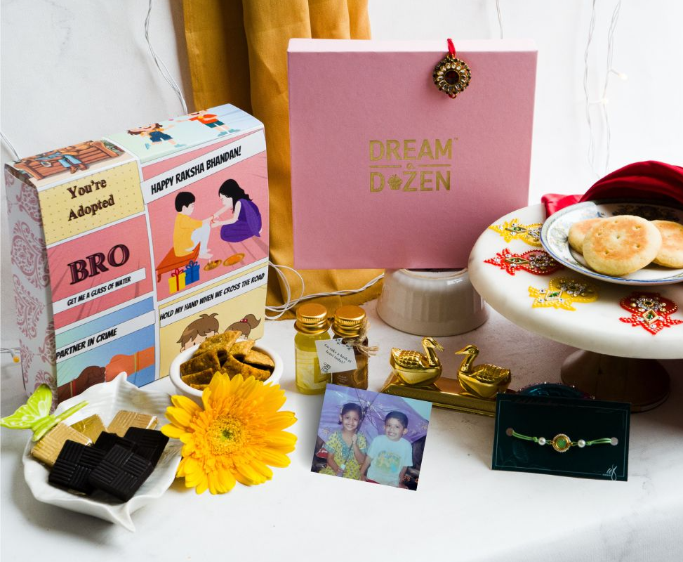 Raksha Bandhan Gift for Sister and Brother | For siblings who playfully insulted each other. Taken from a top angle, the hamper features chocolates and jokes made at their brother and sister's expense, coffee mixes and Rakhi