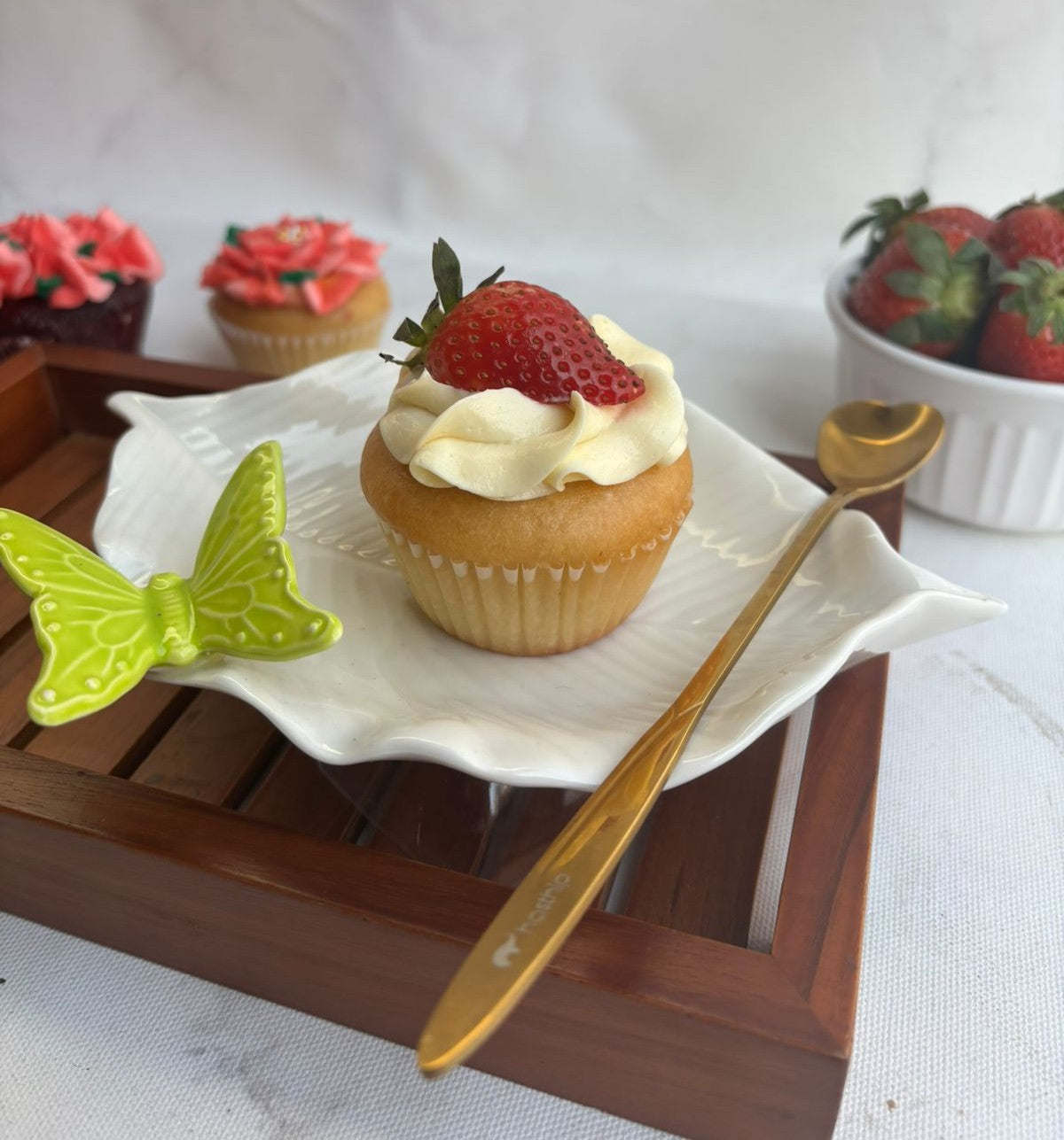 Moist vanilla cupcake with strawberry filling topped with our rich buttercream and juicy fresh strawberry. finger licking good. strawberry cupcake. desserts in bangalore