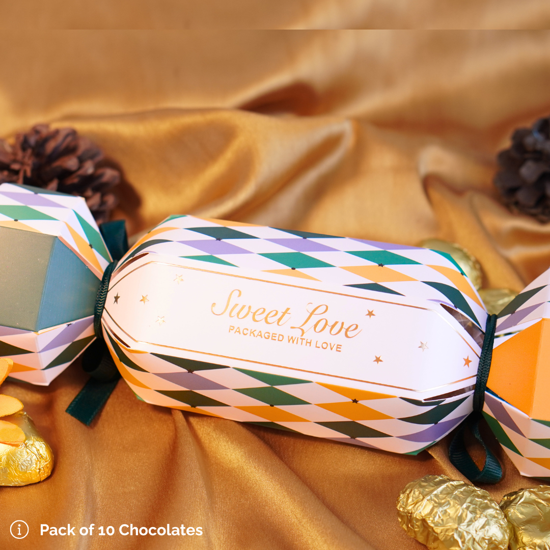 Add a touch of elegance and sweetness to your special moments with our Sweet Love Chocolate Favors. Designed in a charming cracker-style packaging with vibrant geometric patterns, these favors are perfect for weddings, festive celebrations, birthdays, and corporate gifting.