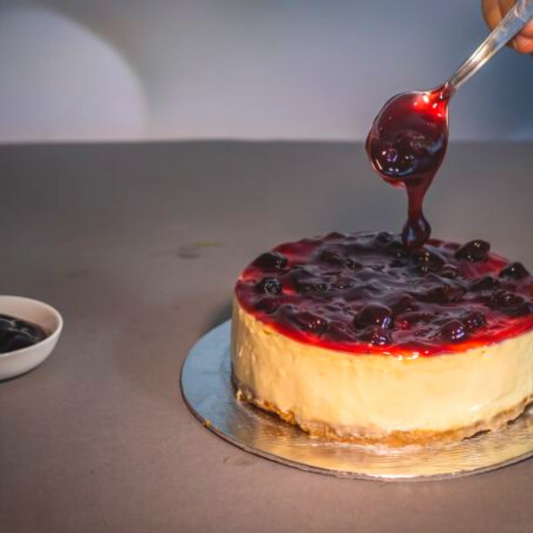 Eggless & gelatin-free New York-style cheesecake with blueberry compote